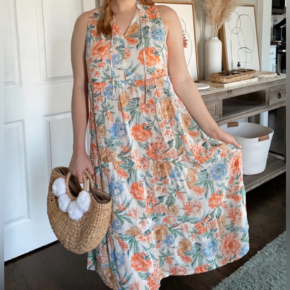 LOFT Floral Midi Dress in Orange, Blue & Cream